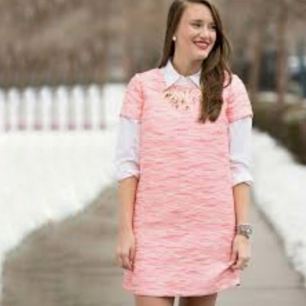 CeCe by CYNTHIA STEFFE Jacquard Shift Short Sleeve Tweed Pink Mini Dress Size 4